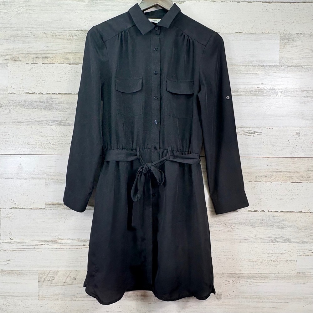 Bar III Womens Black Chiffon Roll Tab Sleeve Utility Shirt Dressโ Tie Waist Sz M